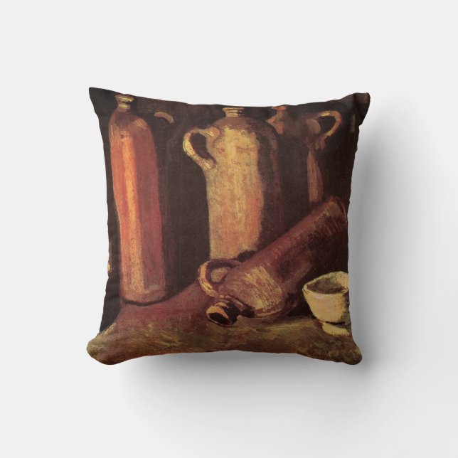 Still Life of 4 Stone Bottles by Vincent van Gogh Throw Pillow (Front)