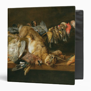 Still life of dead birds and a hare on a table binder