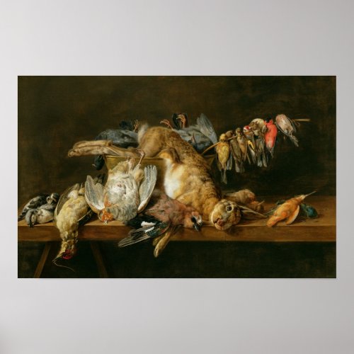 Still life of dead birds and a hare on a table poster