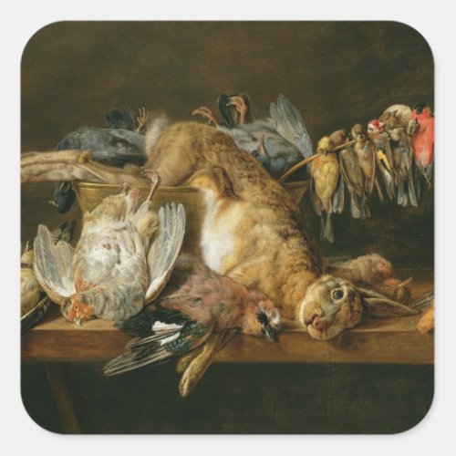 Still life of dead birds and a hare on a table square sticker