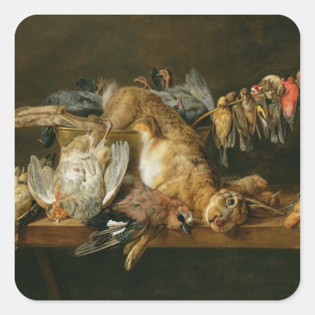 Still life of dead birds and a hare on a table square sticker (Front)