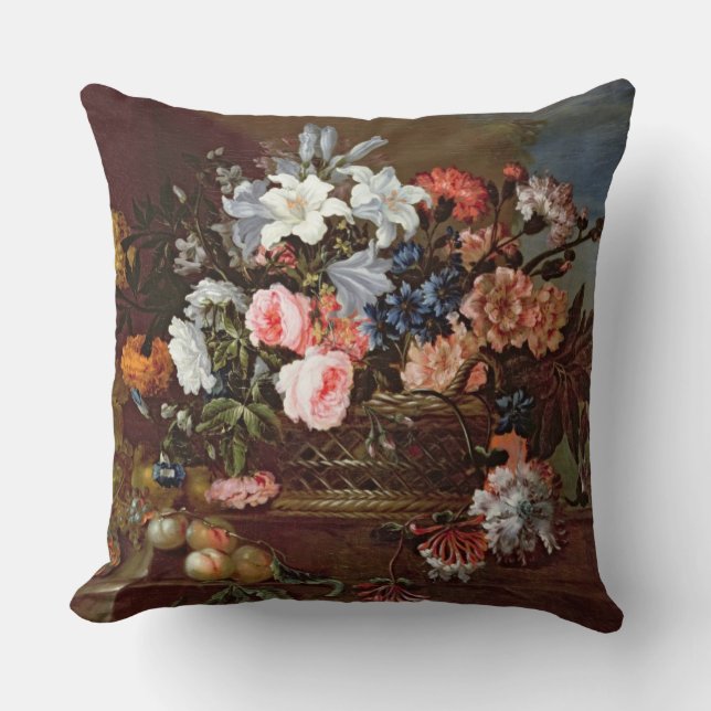Still Life of Flowers in a Basket Throw Pillow (Front)