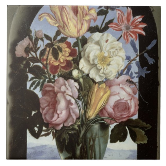 Still life of flowers in a drinking glass tile (Front)