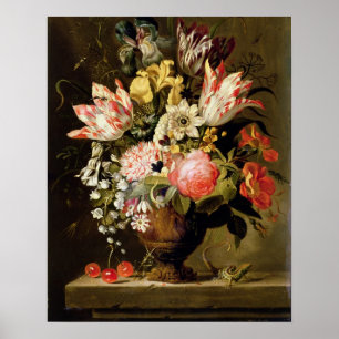 Still Life of Flowers in a Vase with a Lizard on a Poster