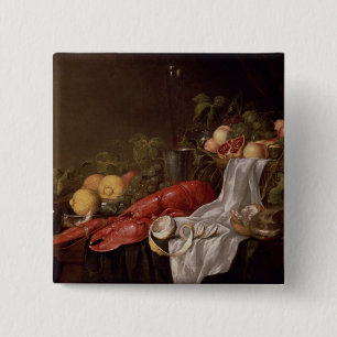 Still life of fruit and a lobster button