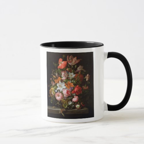 Still life of roses  lilies tulips mug