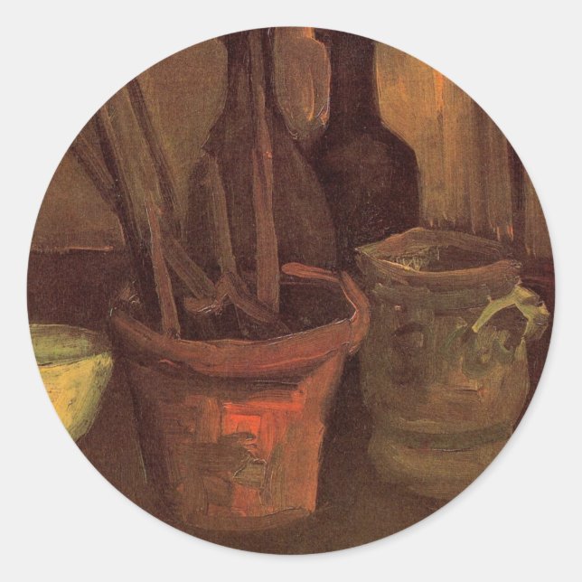 Still Life Paintbrushes in Pot by Vincent van Gogh Classic Round Sticker (Front)
