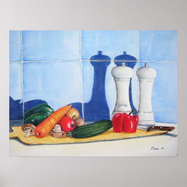 still life painting vegetables on chopping board poster (Front)