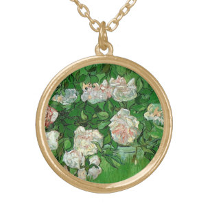 Still Life: Pink Roses by Vincent van Gogh Gold Plated Necklace