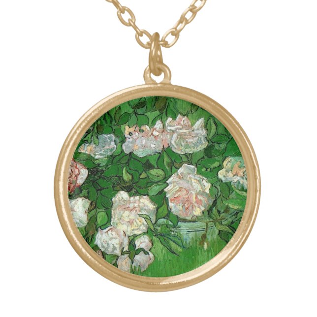 Still Life: Pink Roses by Vincent van Gogh Gold Plated Necklace (Front)