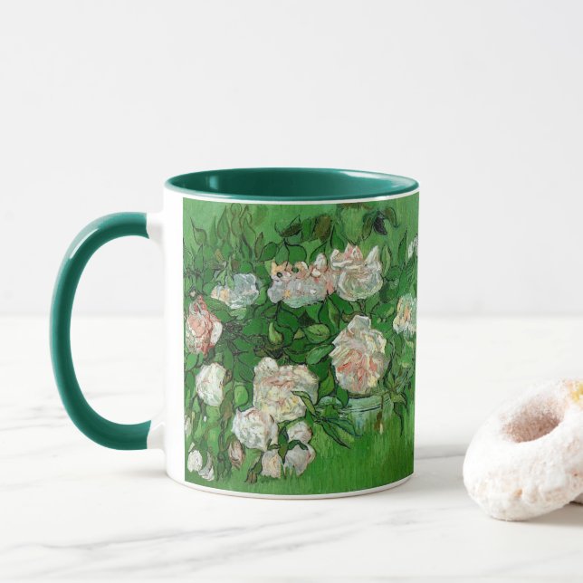 Still Life: Pink Roses by Vincent van Gogh Mug (With Donut)