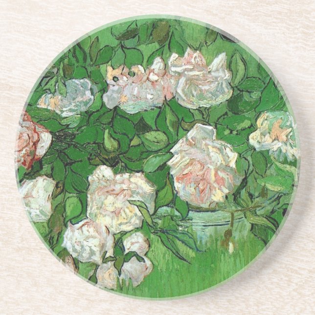 Still Life: Pink Roses by Vincent van Gogh Sandstone Coaster (Front)