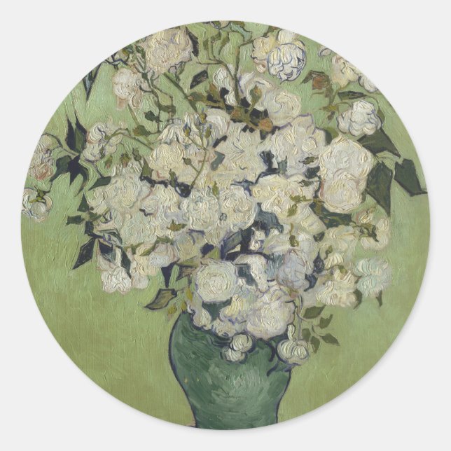 Still Life Pink Roses in a Vase by Van Gogh Classic Round Sticker (Front)