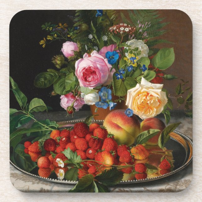 Still Life Roses and Strawberries by Otto Ottesen Beverage Coaster (Front)