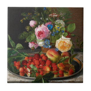 Still Life Roses and Strawberries by Otto Ottesen Ceramic Tile