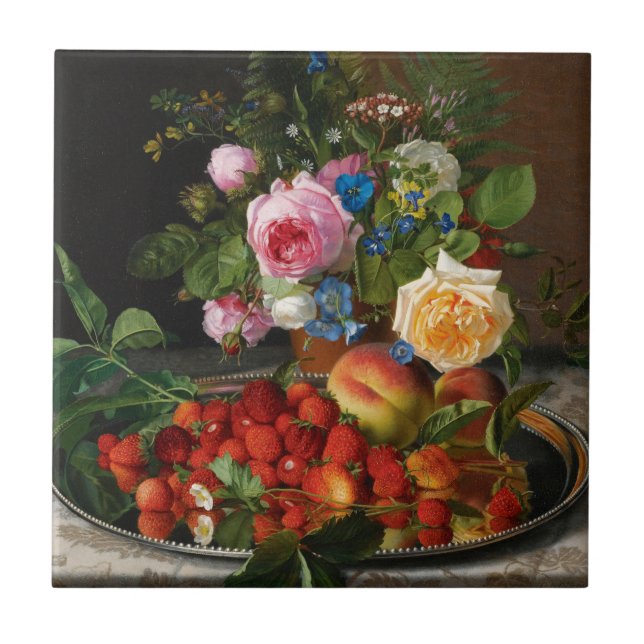 Still Life Roses and Strawberries by Otto Ottesen Ceramic Tile (Front)