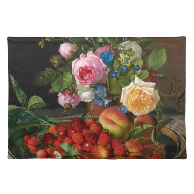 Still Life Roses and Strawberries by Otto Ottesen Cloth Placemat (Front)