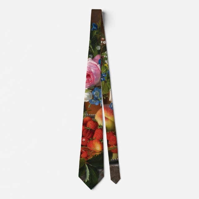 Still Life Roses and Strawberries by Otto Ottesen Neck Tie (Front)