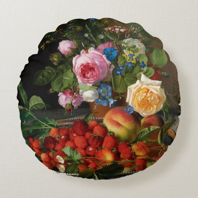 Still Life Roses and Strawberries by Otto Ottesen Round Pillow (Front)