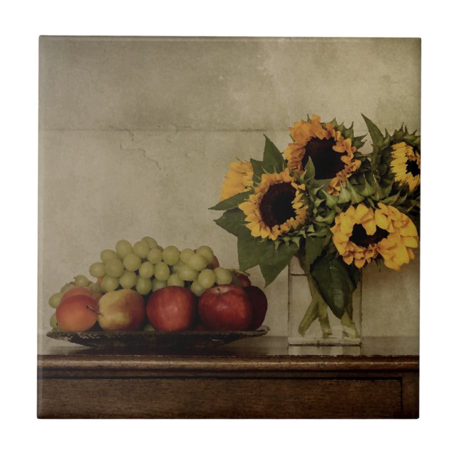 Still Life, Sunflowers in Vase, Fruit in Bowl Ceramic Tile (Front)
