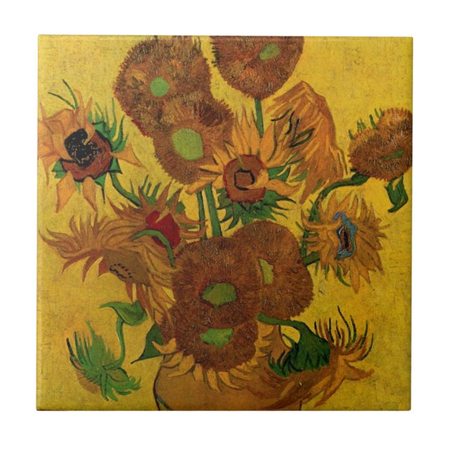 Still Life Vase w 15 Sunflowers Vincent van Gogh Ceramic Tile (Front)