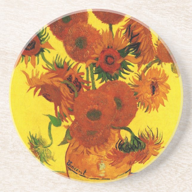Still Life Vase w 15 Sunflowers Vincent van Gogh Drink Coaster (Front)