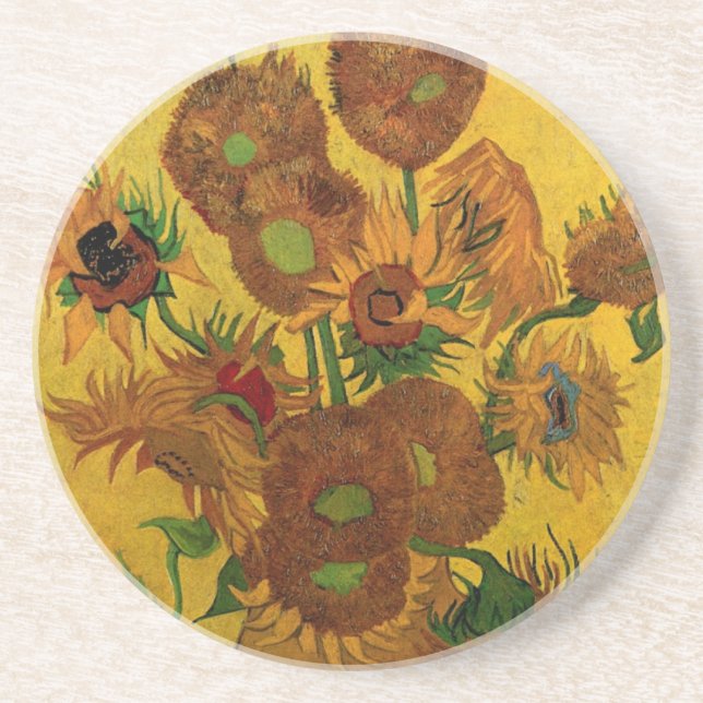 Still Life Vase w 15 Sunflowers Vincent van Gogh Sandstone Coaster (Front)