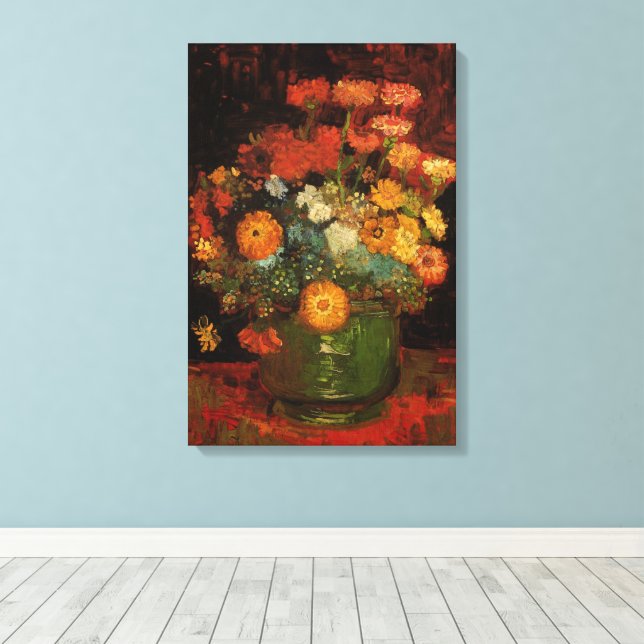 Still Life Vase with Zinnias by Vincent van Gogh Canvas Print (Insitu(Wood Floor))