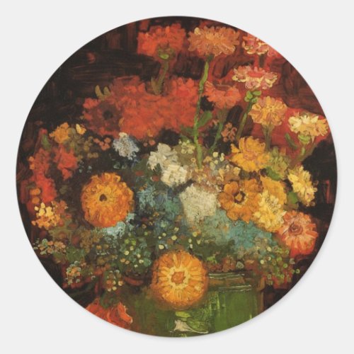 Still Life Vase with Zinnias by Vincent van Gogh Classic Round Sticker