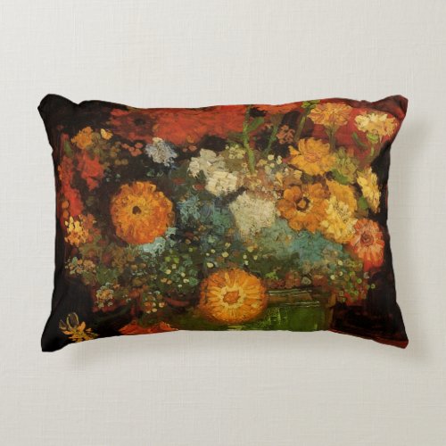 Still Life Vase with Zinnias by Vincent van Gogh Decorative Pillow