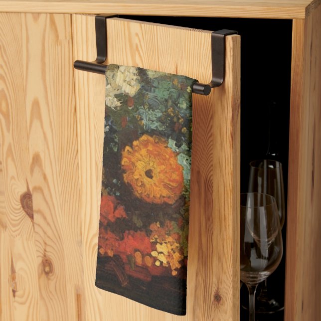 Still Life Vase with Zinnias by Vincent van Gogh Kitchen Towel (Thirds Fold)