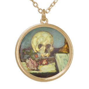 Still Life w Skull, Candle, Book By Paul Cezanne Gold Plated Necklace