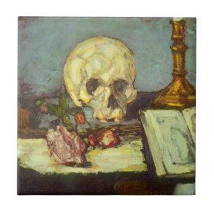 Still Life w Skull, Candle, Book By Paul Cezanne Tile