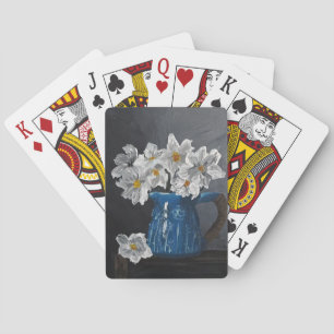 Still life: white flowers in a blue pitcher poker cards