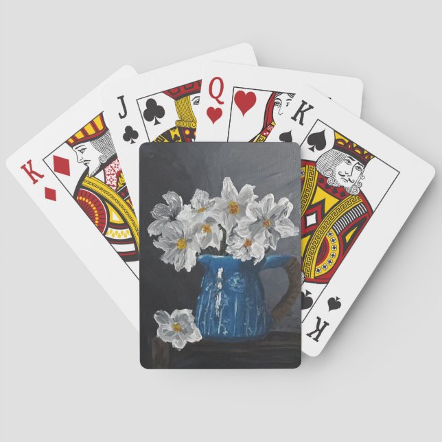 Still life: white flowers in a blue pitcher poker cards (Back)