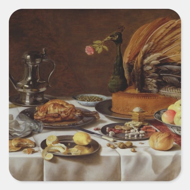 Still Life with a Peacock Pie, 1627 Square Sticker (Front)