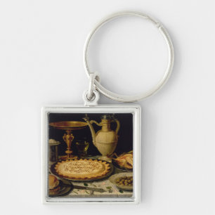 Still life with a tart,chicken, bread and olives keychain