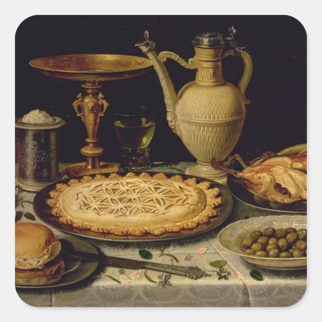 Still life with a tart,chicken, bread and olives square sticker (Front)