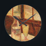 Still Life with Absinthe by Vincent van Gogh Round Clock<br><div class="desc">Still Life with Absinthe by Vincent van Gogh is a vintage fine art post impressionism still life painting featuring a carafe and a glass of absinthe sitting on a table near a window in a cafe or bar and restaurant. The bottle looks like it could have water or even wine....</div>