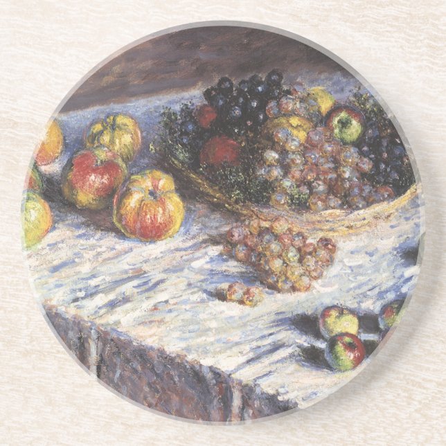 Still Life with Apples and Grapes by Claude Monet Drink Coaster (Front)