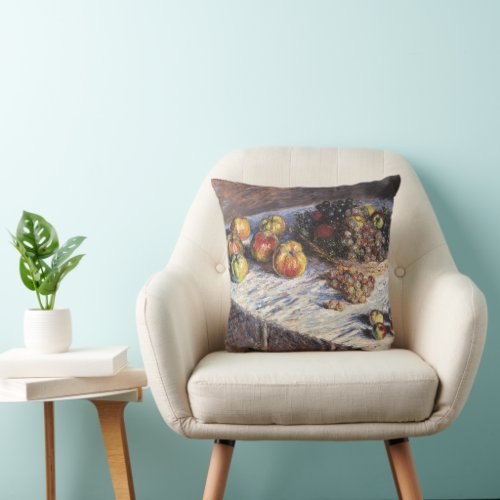 Still Life with Apples and Grapes by Claude Monet Throw Pillow