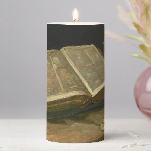 Still life with Bible by Vincent Van Gogh Pillar Candle