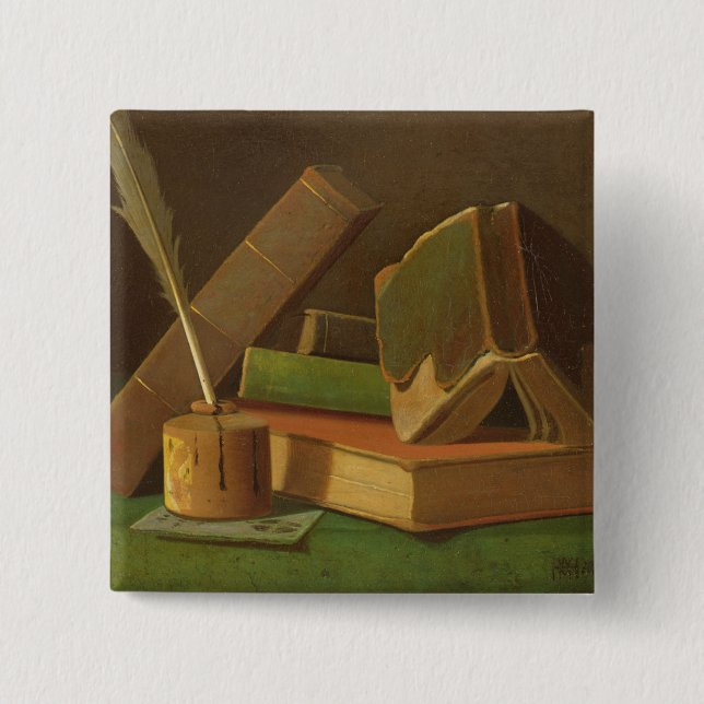 Still life with books and ink well pinback button (Front)