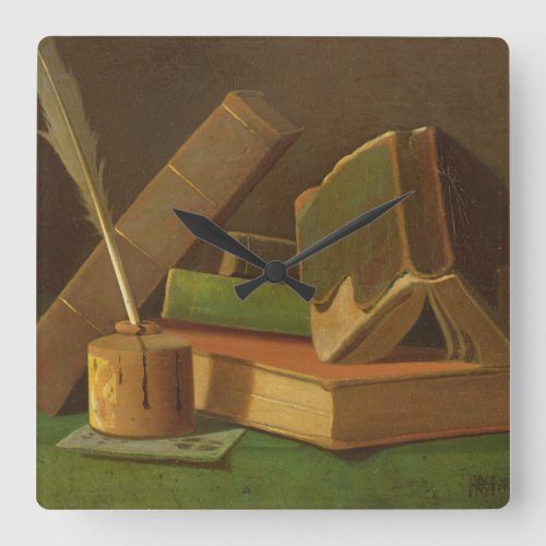 Still life with books and ink well square wall clock