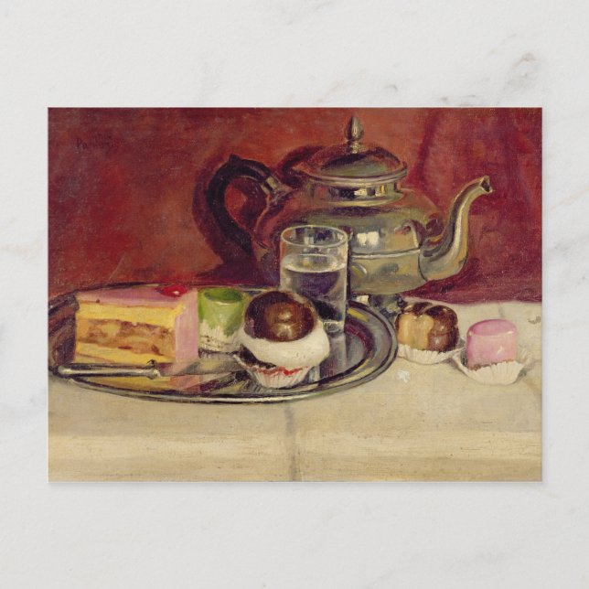 Still Life with Cakes and a Silver Teapot (oil on Postcard (Front)
