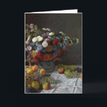 Still Life with Flowers and Fruit by Claude Monet Card<br><div class="desc">Although painted in his studio, this still life shows the influence of the outdoor experiments that Claude Monet undertook in the summer and fall of 1869, while he was living at Bougival on the Seine River. Monet's technique is also apparent in the use of light to animate the surfaces of...</div>