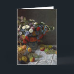 Still Life with Flowers and Fruit by Claude Monet Card<br><div class="desc">Although painted in his studio, this still life shows the influence of the outdoor experiments that Claude Monet undertook in the summer and fall of 1869, while he was living at Bougival on the Seine River. Monet's technique is also apparent in the use of light to animate the surfaces of...</div>