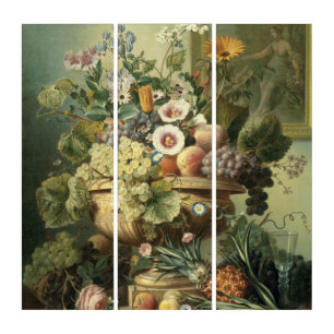 Still Life With Flowers and Fruit Faux Canvas Prin Triptych