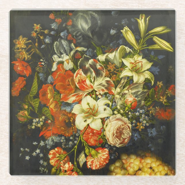 Still Life with Flowers and Fruit  Glass Coaster (Front)