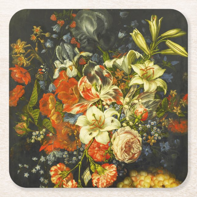 Still Life with Flowers and Fruit  Square Paper Coaster (Front)